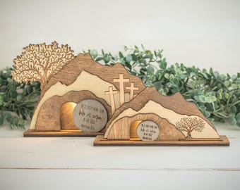 LED Illuminated Empty Tomb "He is Risen" Decoration with Cross and Olive Tree, Religious, Easter Display, Easter Tomb, Lamp, Laser Cut