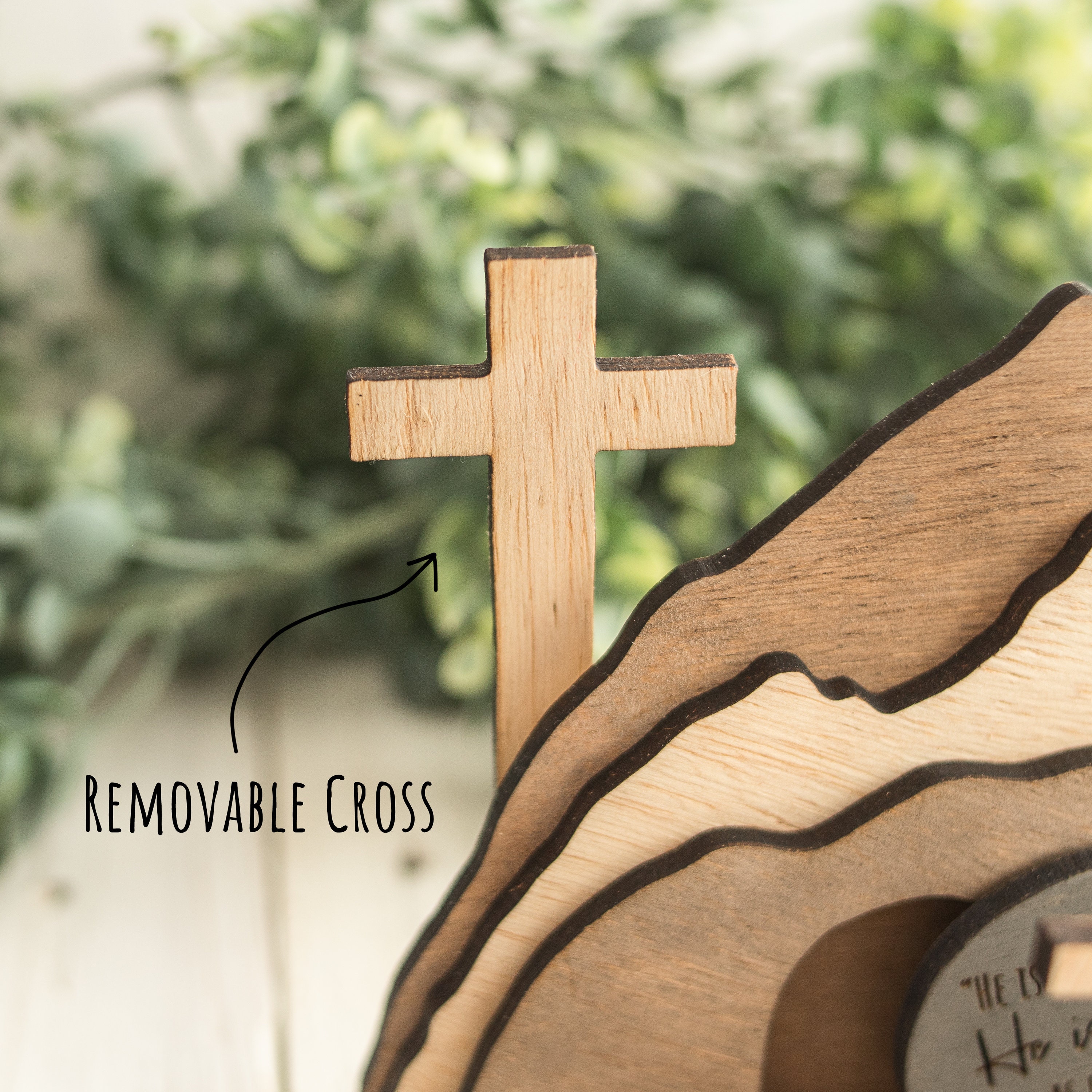 Empty Tomb &quot;He is Risen&quot; Decoration with Cross and Olive Tree, Religious, Christian, Easter Display, Easter Tomb, Laser Cut