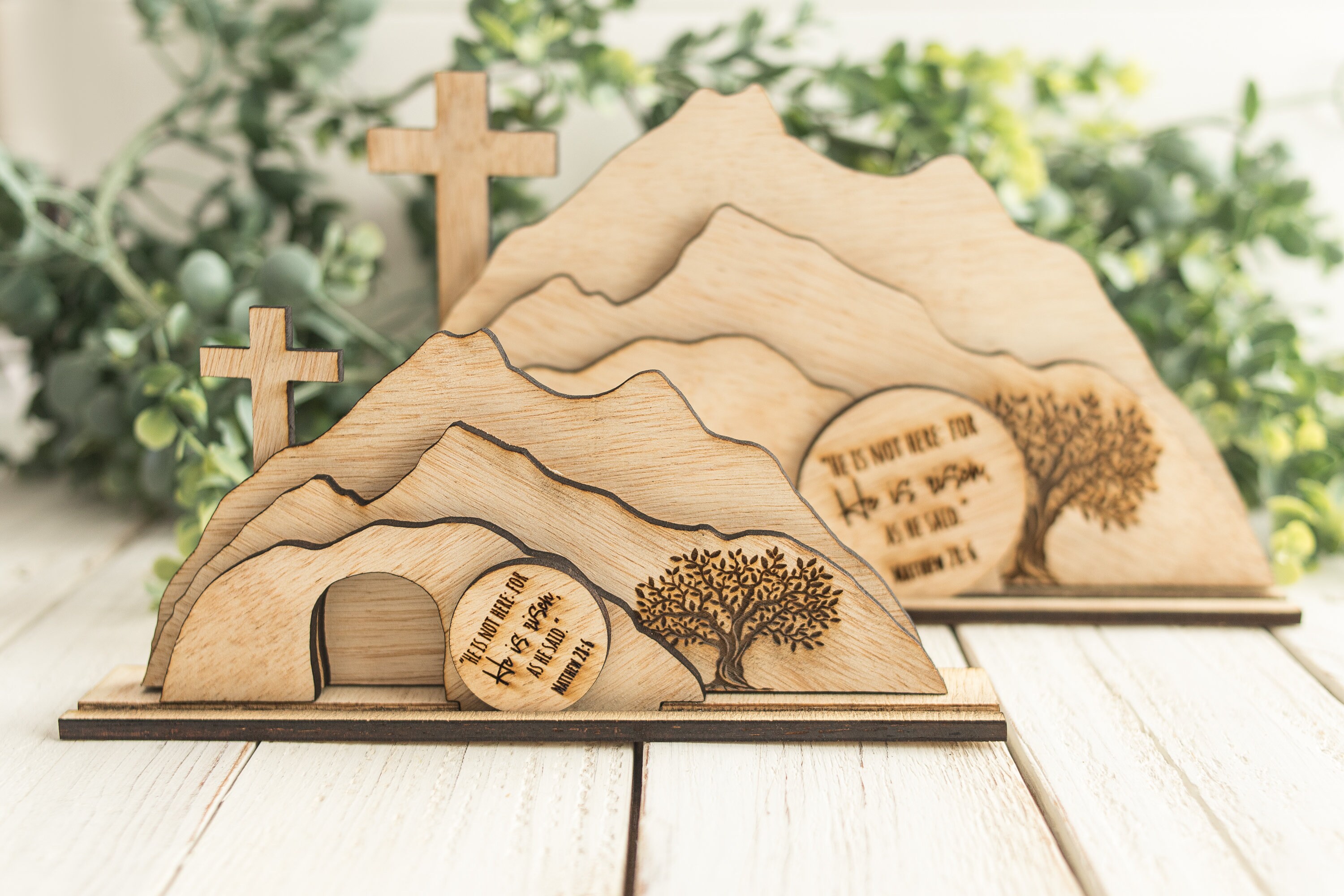 Empty Tomb &quot;He is Risen&quot; Decoration with Cross and Olive Tree, Religious, Christian, Easter Display, Easter Tomb, Laser Cut