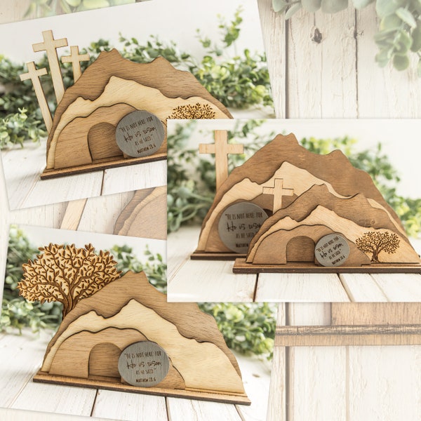 Empty Tomb "He is Risen" Decoration with Cross and Olive Tree, Religious, Christian, Easter Display, Easter Tomb, Laser Cut