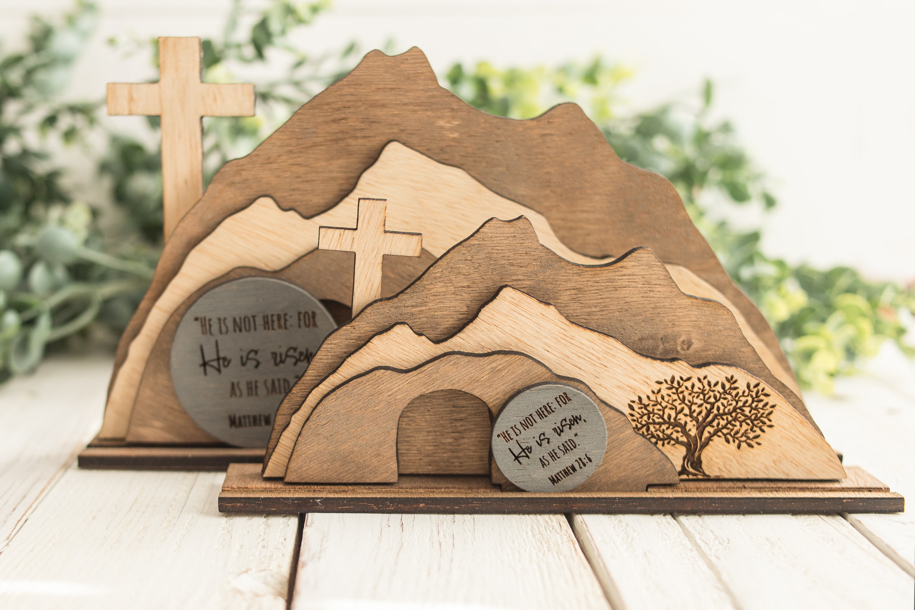Empty Tomb &quot;He is Risen&quot; Decoration with Cross and Olive Tree, Religious, Christian, Easter Display, Easter Tomb, Laser Cut