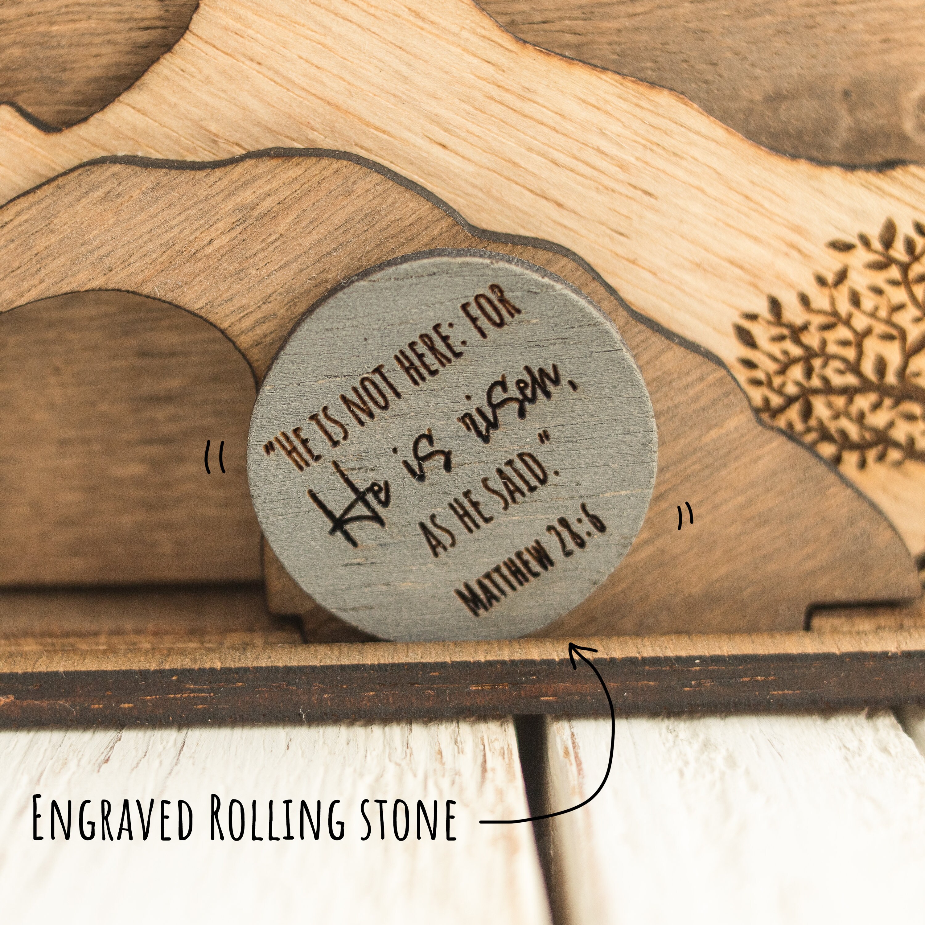 Empty Tomb &quot;He is Risen&quot; Decoration with Cross and Olive Tree, Religious, Christian, Easter Display, Easter Tomb, Laser Cut