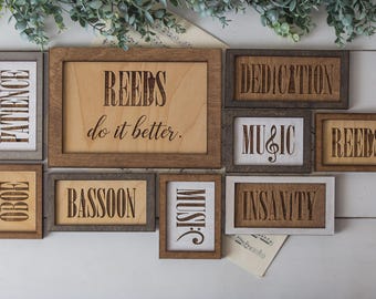 Engraved Double Reed Word Art Signs, Woodwind Gifts, Musician Wood Wall Decor
