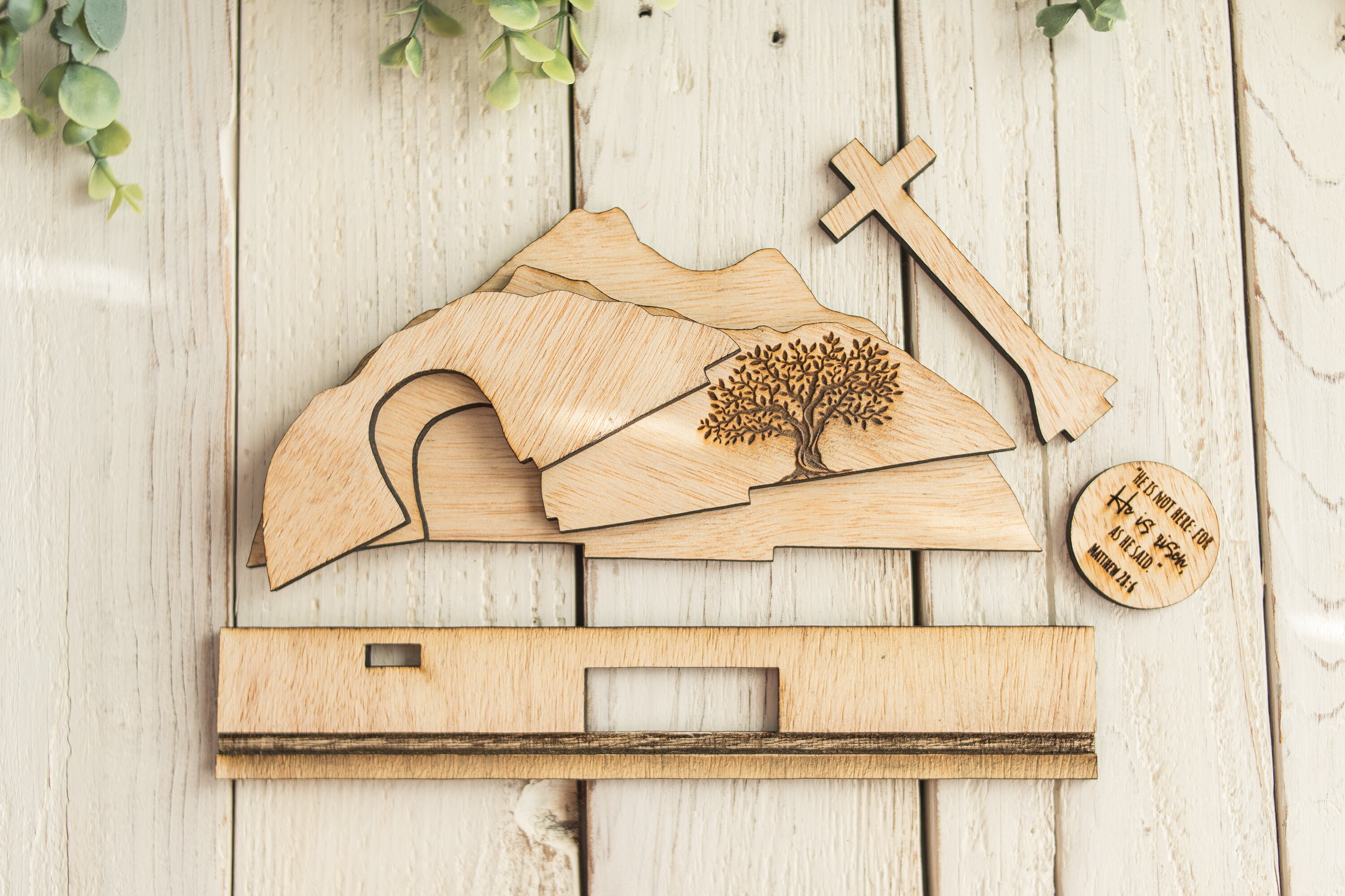 Empty Tomb &quot;He is Risen&quot; Decoration with Cross and Olive Tree, Religious, Christian, Easter Display, Easter Tomb, Laser Cut