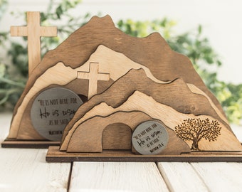 Empty Tomb "He is Risen" Decoration with Cross and Olive Tree, Religious, Christian, Easter Display, Easter Tomb, Laser Cut