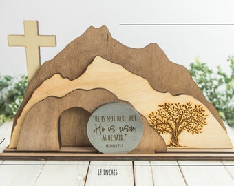 XL SIZE Empty Tomb &quot;He is Risen&quot; Decoration with Cross and Olive Tree, Religious, Christian, Easter Display, Easter Tomb, Laser Cut