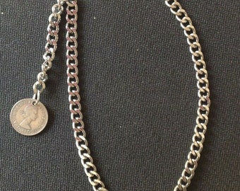 Albert pocket watch chain with a "Lucky" ER II sixpence fob,silver colour 4 sizes