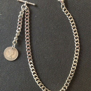 Albert pocket watch chain with a &quot;Lucky&quot; ER II sixpence fob,silver colour 4 sizes