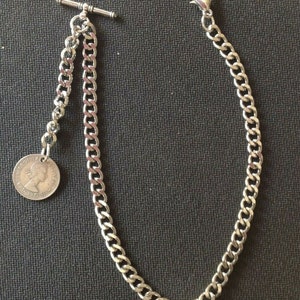 Albert pocket watch chain with a "Lucky" ER II sixpence fob,silver colour 4 sizes