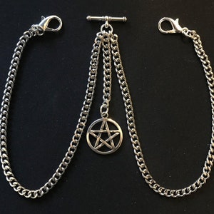 Dbl Albert Pocket Watch Chain with a wiccan pentangle fob silver colour 4 sizes