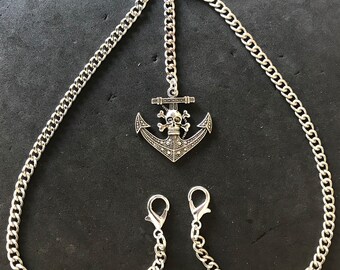 Double Albert Pocket Watch Chain with an Anchor And Skull Fob,SILVER COLOUR