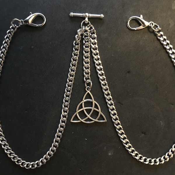 Double Albert pocket watch chain with a Celtic trinity knot fob,silver colour 4 sizes