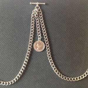 Double Albert Pocket Watch Chain with &quot;Lucky&quot; ER II Sixpence Fob,silver colour 4 sizes
