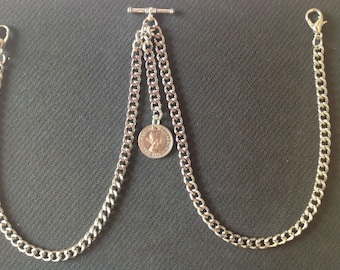 Double Albert Pocket Watch Chain with &quot;Lucky&quot; ER II Sixpence Fob,silver colour 4 sizes