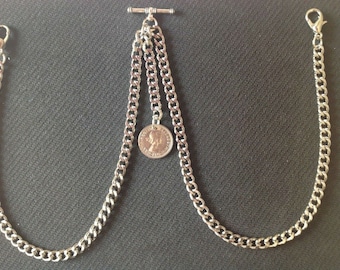 Dubbele Albert zakhorlogeketting met "Lucky" ER II Sixpence Fob, zilverkleur, 4 maten