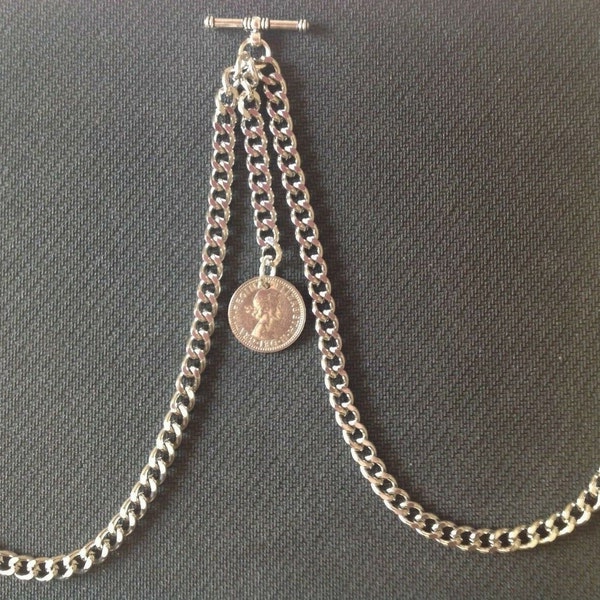 Double Albert Pocket Watch Chain with "Lucky" ER II Sixpence Fob,silver colour 4 sizes