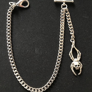 Albert pocket watch chain with a spider and skull fob,silver colour 4 sizes