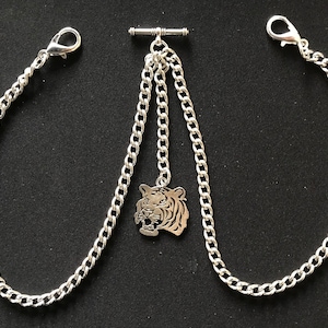 Double Albert pocket watch chain with a tigers head fob,silver colour 4 sizes