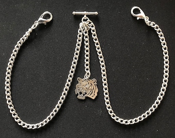 Double Albert pocket watch chain with a tigers head fob,silver colour 4 sizes