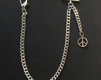 Albert pocket watch chain with a peace symbol fob,silver colour 4 sizes