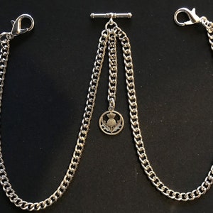 Double Albert pocket watch chain with a scottish thistle,silver colour 4 sizes