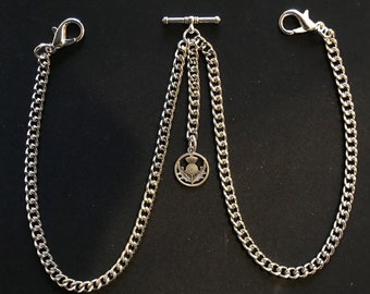 Chaîne de montre de poche double Albert avec un chardon écossais, couleur argent 4 tailles