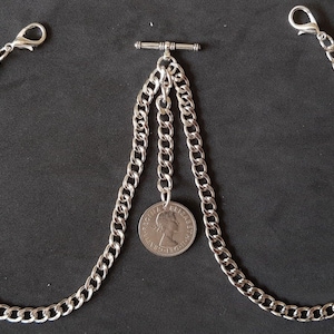 Double Albert Pocket Watch Chain Old ER II Shilling Fob,silver colour 4 sizes
