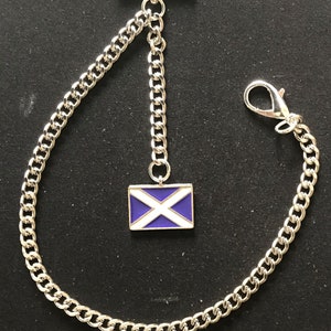 Albert pocket watch chain with an enamel scottish saltire fob,silver colour 4 sizes