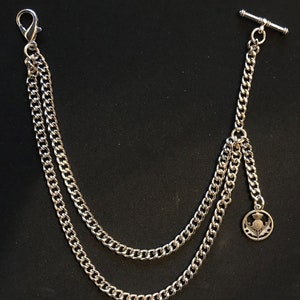 Albert pocket watch chain with a scottish thistle fob ,silver colour, 4 sizes