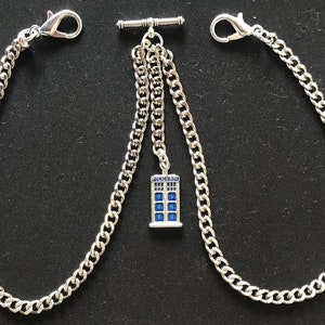 Dubbele Albert-zakhorlogeketting met Dr Who Tardis-sleutelhanger, zilverkleur 4 maten