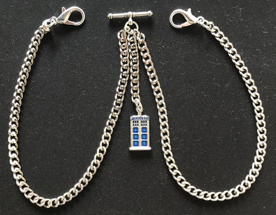 Double Albert Pocket Watch Chain With a Dr Who Tardis Fob,silver