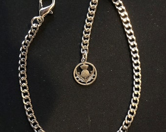 Albert pocket watch chain with a scottish thistle fob ,silver colour 4 sizes