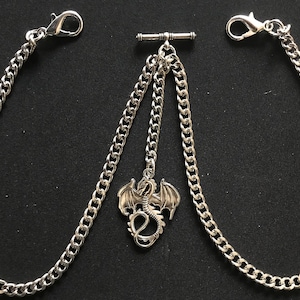 Double Albert pocket watch chain with a dragon charm fob,silver colour 4 sizes