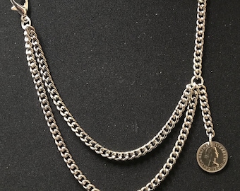 Albert pocket watch chain with a "Lucky"ER II sixpence fob,silver colour 4 sizes