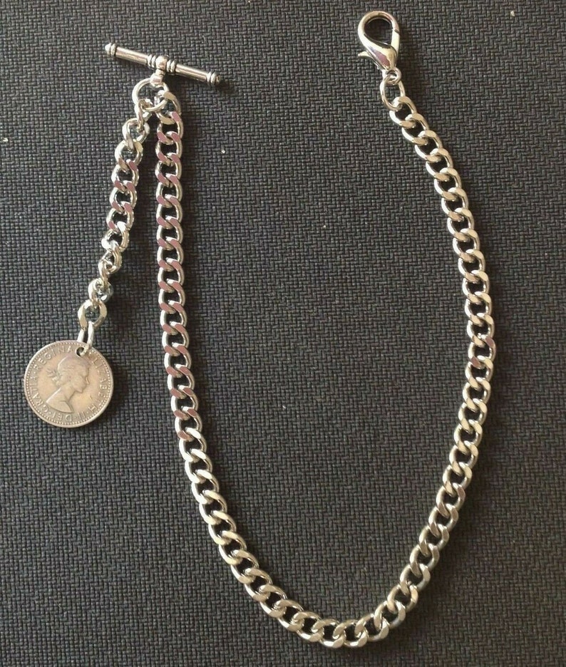 Albert pocket watch chain with a Lucky ER II sixpence fob,silver colour 4 sizes imagem 1