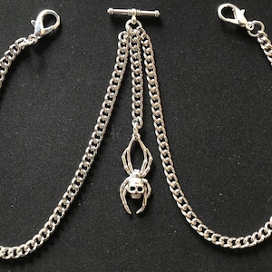 Dubbele Albert-zakhorlogeketting en een spinnenschedel Fob,zilverkleur