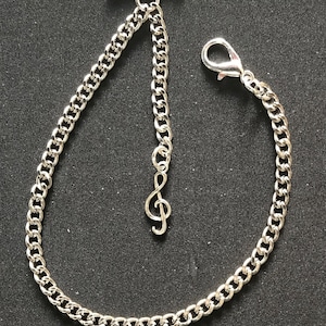 Albert pocket watch chain with a G clef music note fob,silver colour 4 sizes