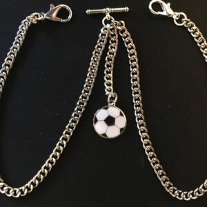 Double Albert Pocket Watch Chain with an enamel soccer/football fob silver colour 4 sizes