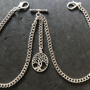 Double Albert pocket watch chain with a tree of life charm fob,silver colour 4 sizes