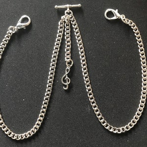 Double Albert pocket watch chain with a G clef musical note fob,silver colour 4 sizes