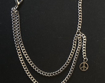 Albert pocket watch chain with a peace symbol fob,silver colour 4 sizes