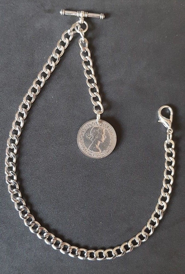 Albert Pocket Watch Chain With Clasp T-bar & ER II Shilling,silver