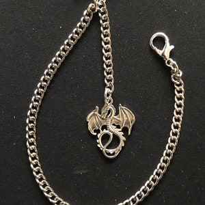 Albert pocket watch chain with a silver dragon charm fob,silver colour 4 sizes