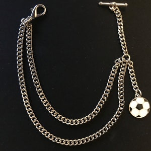 Albert pocket watch chain with an enamel soccer/football fob,silver colour 4 sizes