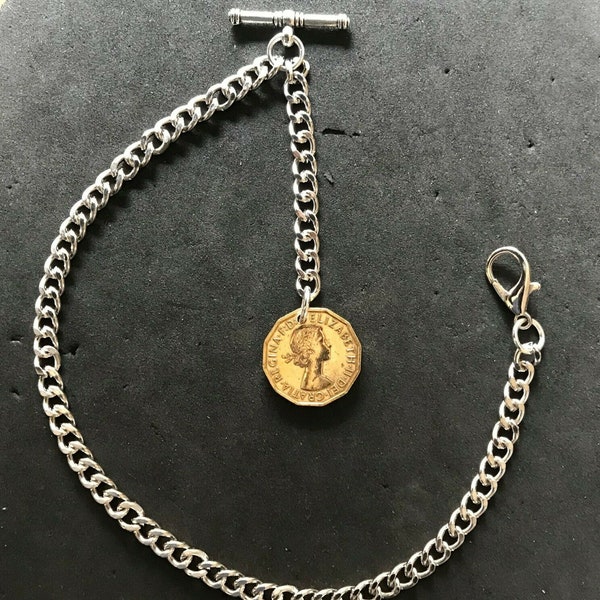 Albert pocket watch chain with a ER II Brass Threepenny Bit fob,silver colour 4 sizes