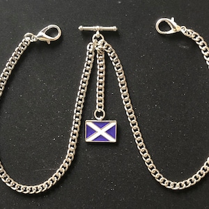 Dubbele Albert-zakhorlogeketting met geëmailleerde Schotse Saltire-vlag Fob, zilverkleur 4 maten