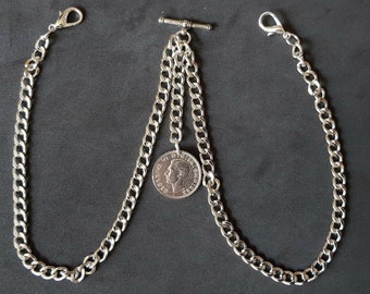 Cadena de reloj de bolsillo Albert doble Old GR VI Shilling Fob, color plateado 4 tamaños
