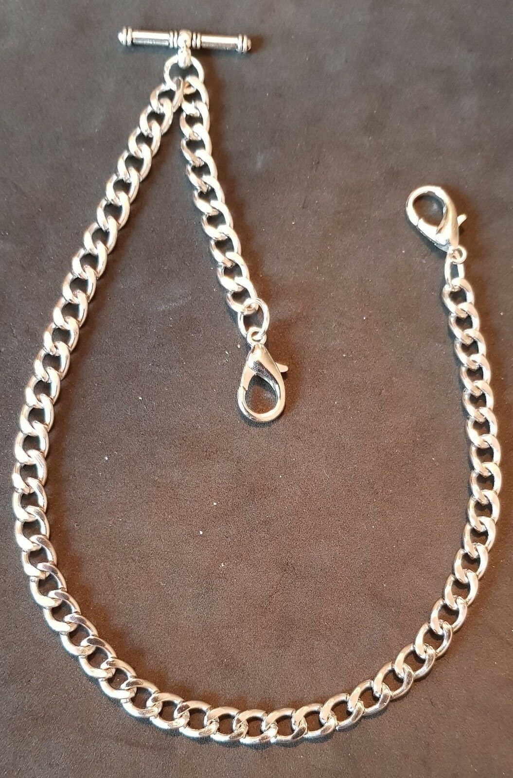 Albert pocket watch chain with t-bar and clasps,1 for own fob,silver colour 4 sizes