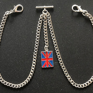 Dubbele Albert-zakhorlogeketting met geëmailleerde Union Jack Fob, zilverkleur 4 maten