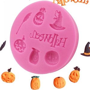 7 cavity Halloween witch and Jack o lantern cabochon or candy mold